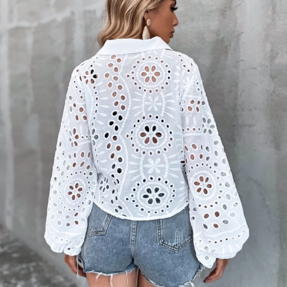 Boho White Eyelet Floral Gypsy Button up top - Picture 4 of 7
